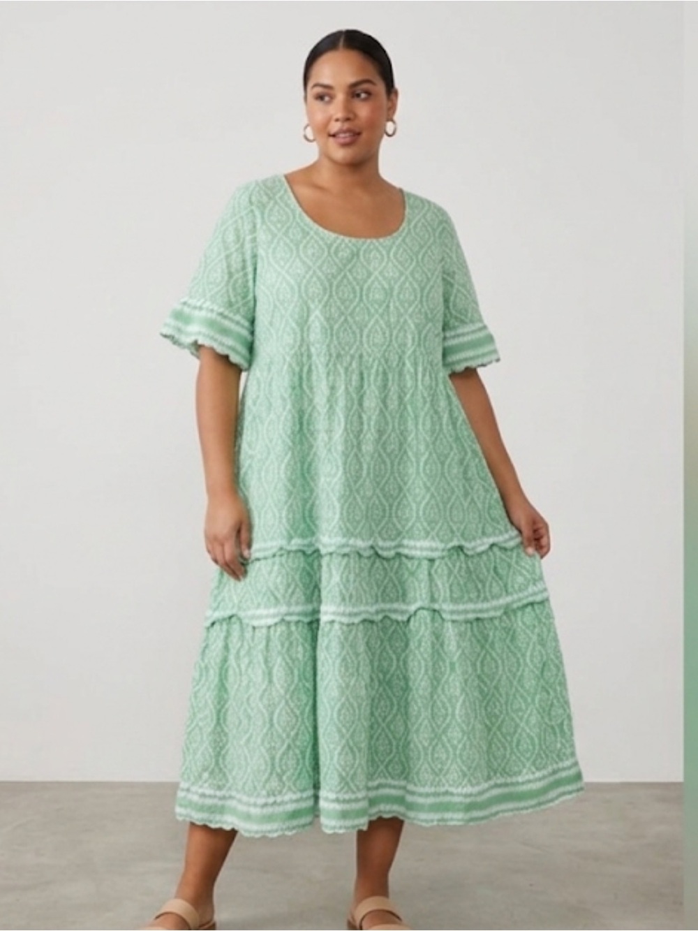 Adrift Australia Green Cotton Block Printed Tiered Maxi Dress size 3X